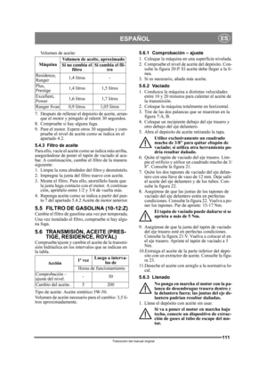 Page 111111
ESPAÑOLES
Traducción del manual original
Volumen de aceite:
7. Después de rellenar el depósito de aceite, arran- que el motor y póngalo al ralentí 30 segundos. 
8. Compruebe si hay alguna fuga.
9. Pare el motor. Espere otros 30 segundos y com- pruebe el nivel de aceite como se indica en el 
apartado 4.2.
5.4.3 Filtro de aceitePara ello, vacíe el aceite como se indica más arriba, 
asegurándose de poner el tapón de vaciado al aca-
bar. A continuación, cambie el filtro de la manera 
siguiente:
1. Limpie...