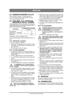 Page 167167
MAGYARHU
Eredeti használati utasítás fordítása
5.5 ÜZEMANYAGSZŰRŐ  (10-12:Z)Szezononként cserélje az üzemanyagsz űrőt.
Az új szűr ő beszerelése után ellen őrizze, hogy 
nincs-e üzemanyagszivárgás.
5.6 KÖZL ŐMŰ , OLAJ (PRESTIGE, 
RESIDENCE, ROYAL, POWER)
A hidrauliks er őátviteli rendszerben lév ő olajat az 
alábbi táblázatban megadott id őszakonként kell el-
lenőrizni/utántölteni és cserélni.
Olaj típusa: 5W-50 szintetikus olaj.
Az olaj mennyisége az olajcsere alkalmával kb. 3,5 
liter
5.6.1 Ellen...