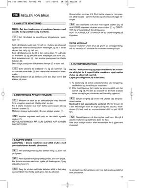 Page 1317
REGLER FOR BRUK
MERK: Det kan forekomme at maskinen leveres med
enkelte komponenter ferdig monterte.
Sett håndtaket for innstilling av klippehøyde i posi-
sjon “5”.
Sett håndtakets nedre del (1) helt inn i hullene på chassiet
og fest det med skruene (2) som medfølger, og se til at de
skrues fast riktig og helt inn.
Fest håndtakets øvre del (3) til den nedre delen (1) ved hjelp
av knottene (4) og skruene som medfølger, slik som vist.
Bruk kabelklemmen (5) i den anviste posisjonen for å feste
kabelen...
