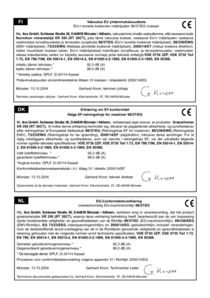 Page 47
Erklæring om EF-konformitet
ifølge EF-retningslinje for maskiner 98/37/EG
Vi,
  ikra GmbH, Schlesier Straße 36, D-64839 Münster / Altheim,   erklæerepå eget ansvar, at produkter  Græstrimme r  
XR 350 (RT 30CT),  til hvilke denne erklæring henholder sig, tilsvarer de pågældende sikkerheds- og sundhedskrav 
efter retningslinjer af Europæisk fællesskab 98/37/EG (Retningslinje EF for maskiner), 89/336/EWG (Retningslinje EMV), 73/23/EWG  (Retningslinje  for  lav  spænding), 2000/14/EF  (støjdirektiv),...