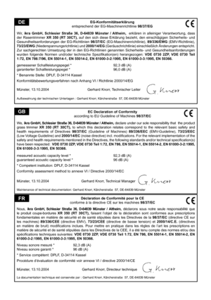 Page 48
EC Declaration of Conformity
according to EU Guideline of Machines 98/37/EC
We,
  ikra GmbH, Schlesier Straße 36, D-64839 Münster / Altheim, declare under our sole responsibility that  the product 
grass  trimmer  XR  350  (RT  30CT), to  which  this  declaration  relates  correspond  to  the  relevant  basic  safety  and 
health  requirements  of  Directives 98/37/EC  (Guideline  of  Machines) 89/336/EEC   (EMV-Guideline), 73/23/EEC 
(Low Voltage Guideline) and 2000/14/EC  (noise directive) incl. modiﬁ...