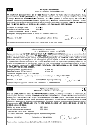 Page 33
EG-izjava o konformnosti
prema EG-direktivi o strojevima 98/37/EG
Mi, 
ikra GmbH,  Schlesier  Straße  36,  D-64839  Münster  /  Altheim,  na  vlastitu  odgovornost  izjavljujemo  da  su proizvodi Trimeri XR 350 (RT 30CT), na koje se odnosi ova izjava, u skladu s postojeæim odredbama o sigurnosti 
i  zdravlju  EG-direktive 89/336/EWG (EMV-direktiva), 73/23/EWG  (direktiva  o  niskom  naponu), 98/37/EG (EG-
direktiva  o  strojevima)  i 2000/14/EG  (direktiva  o  jaèini  zvuka).  Za  struènu  primjenu...