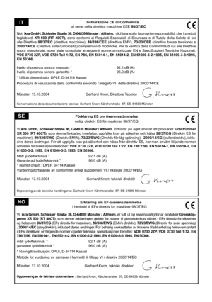 Page 51
Förklaring ES om överensstämmelse
enligt direktiv ES för maskiner 98/37/EG
Vi, ikra GmbH, Schlesier Straße 36, D-64839 Münster / Altheim
,  förklarar  på  eget  ansvar  att  produkter Grästrimmer 
XR 500 (RT 40CT),  som denna förklaring innefattar, uppfyller krav på säkerhet och hälsa  98/37/EG (Direktiv ES för 
maskiner), 89/336/EWG (Direktiv EMW), 73/23/EWG (Direktiv för låg spänning),   2000/14/EG (bullerdirektiv), inklu-
sive deras ändringar. För att uppfylla krav på säkerhet och hälsa från direktiv...