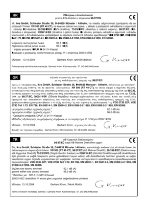 Page 57
EG-izjava o konformnosti
prema EG-direktivi o strojevima 98/37/EG
Mi, 
ikra GmbH,  Schlesier  Straße  36,  D-64839  Münster  /  Altheim,  na  vlastitu  odgovornost  izjavljujemo  da  su proizvodi Trimeri  XR 500 (RT 40 CT) , na koje se odnosi ova izjava, u skladu s postojeæim odredbama o sigurnosti 
i  zdravlju  EG-direktive 89/336/EWG (EMV-direktiva), 73/23/EWG  (direktiva  o  niskom  naponu), 98/37/EG (EG-
direktiva  o  strojevima)  i 2000/14/EG  (direktiva  o  jaèini  zvuka).  Za  struènu  primjenu...