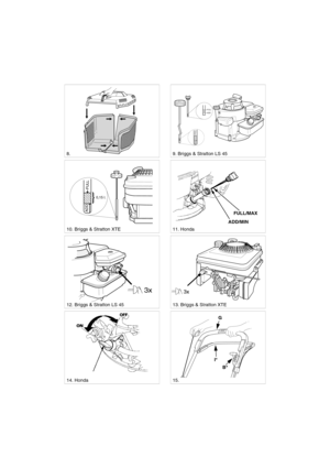 Page 3
SVENSKA
S
3x
12. Briggs & Stratton LS 45
ADD
FULL
FULL
ADD
8. 9. Briggs & Stratton LS 45
10. Briggs & Stratton XTE
13. Briggs & Stratton XTE
11. Honda
14. Honda15.  FULL/MAX
ADD/MIN
I* B*
G
3x
0,15 l.
ADD
FULL 