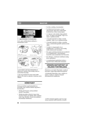 Page 8080
MAGYARHU
2. A gép tételszáma és sorozatszáma:
Ezek a gép ventillátorházán találhatók a 
bemutatottak szerint:
A szervizekkel való kapcsolattartásban és 
alkatrészek vásárlása során mindig ezeket az 
azonosítókat használja.
A gép megvásárlását követően minél előbb 
jegyezze fel ezeket az adatokat e kiadvány utolsó 
oldalára. 
KÖRNYEZET
Környezetvédelmi megfontolásokból azt 
javasoljuk, hogy fordítson különös figyelmet a 
következőkre:
• Mindig akril benzint („környezetbarát 
benzint“) használjon.
•...