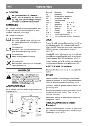 Page 7NEDERLANDSNL
ALGEMEEN
Dit symbool betekent WAARSCHU-
WING. Als u de instructies niet nauwkeu-
rig volgt, kunt u verwondingen oplopen
of kan dit tot materiële schade leiden.
SYMBOLEN
De volgende symbolen staan op de machine om u
eraan te herinnern dat voorzichtigheid en oplet-
tendheid bij gebruik vereist zijn.
De symbolen betekenen:
Waarschuwing!
Lees vóór gebruik van de machine eerst
het instructieboek en de veiligheidsvoor-
schriften.
Waarschuwing!
Pas op voor het uitwerpen van voorwer-
pen. Houd...