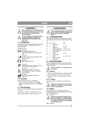 Page 2525
NORSKNO
1 GENERELT
Dette symbolet betyr ADVARSEL. Hvis 
du ikke følger instruksjonene nøye, kan 
det føre til personskade og/eller 
materiell skade.
Før start må denne bruksanvisningen 
og den medfølgende trykksaken 
«SIKKERHETSFORSKRIFTER» 
leses nøye.
1.1 SYMBOLER
Følgende symboler finnes på maskinen for å minne 
om den forsiktighet og oppmerksomhet som 
kreves ved bruk.
Symbolene betyr:
Advarsel!
Les instruksjonsboken og 
sikkerhetsmanualen før maskinen tas i 
bruk.
Advarsel!
Se opp for utkastede...