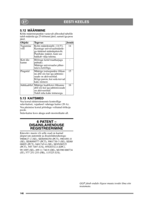 Page 146146
EESTI KEELESET
5.12 MÄÄRIMINEKõiki määrimispunkte vastavalt alltoodud tabelile 
tuleb määrida iga 25 töötunni järel, samuti iga pesu 
järel.
5.13 KAITSMEDVea korral elektrisüsteemis kontrollige 
sulavkaitset, vajadusel vahetage kaitse (20 A).
Vea püsimise korral pöörduge volitatud töökoja 
poole.
Sulavkaitse koos akuga asub mootorikatte all.
6 PATENT – 
DISAINILAHENDUSE 
REGISTREERIMINE
Käesolev masin või selle osad on kaetud 
järgnevate patentide ja disainilahendustega:
9900627-2 (SE), SE00/00250...