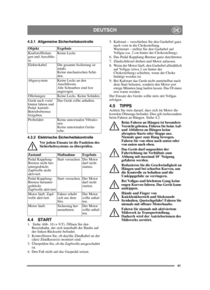 Page 4141
DEUTSCHDE
4.3.1 Allgemeine Sicherheitskontrolle
4.3.2 Elektrische SicherheitskontrolleVor jedem Einsatz ist die Funktion des 
Sicherheitssystems zu überprüfen.
4.4 START1.  Siehe Abb. 10 (+ 9:T). Öffnen Sie den Benzinhahn, der sich innerhalb der Haube auf 
der linken Rückseite befindet.
2. Kontrollieren Sie, ob das/die Zündkabel an der  (den) Zündkerze(n) montiert sind.
3. Überprüfen Sie, ob die Zapfwelle ausgeschaltet  ist. 
4. Den Fuß nicht auf das Gaspedal setzen.  5. Kaltstart – verschieben Sie...