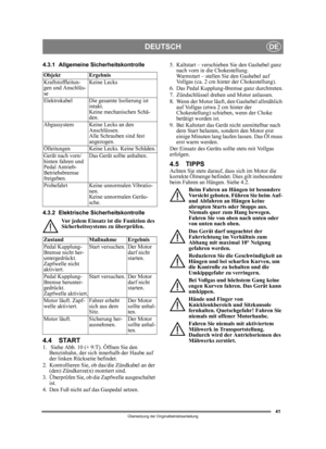 Page 4141
DEUTSCHDE
Übersetzung der Originalbetriebsanleitung
4.3.1 Allgemeine Sicherheitskontrolle
4.3.2 Elektrische SicherheitskontrolleVor jedem Einsatz ist die Funktion des 
Sicherheitssystems zu überprüfen.
4.4 START1.  Siehe Abb. 10 (+ 9:T). Öffnen Sie den Benzinhahn, der sich i nnerhalb der Haube auf 
der linken Rückseite befindet.
2. Kontrollieren Sie, ob das/die Zündkabel an der  (den) Zündkerze(n) montiert sind.
3. Überprüfen Sie, ob die  Zapfwelle ausgeschaltet 
ist. 
4. Den Fuß nicht auf das...