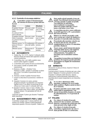 Page 7474
ITALIANOIT
Traduzione delle istruzioni originali
4.3.2 Controllo di sicurezza elettricoControllare sempre il funzionamento 
del sistema di sicure zza prima delluso.
4.4 AVVIAMENTO1.  Vedere fig. 10 (+ 9:T) . Aprire il rubinetto della 
benzina situato all’interno del coperchio sul lato 
sinistro posteriore.
2.  Controllare che i ca vi delle candele siano 
inseriti nelle rispettive candele.
3.  Controllare che la pres a di forza sia disinserita. 
4.  Non tenere il pied e sul pedale della 
trasmissione....