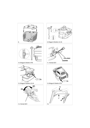 Page 3SVENSKA S
12. Briggs & Stratton LS 45
ADD
FULL
FULL
ADD
8. 9. Briggs & Stratton LS 45
10. Briggs & Stratton XTE
13. Briggs & Stratton XTE
11. Honda GCV
14. Honda GCV15. FULL/MAX
ADD/MIN
I*
B* G
3x
0,15 l.
ADD
FULL 