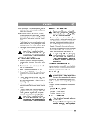 Page 6763
ITALIANOIT
6a Avvio manuale: Afferrare la manopola di avvia-
mento e avviare il motore tirando con decisione 
la fune di avviamento.
6b Avviamento elettrico (*): Avviare il motore 
ruotando la chiavetta in senso orario. Rilasciare 
la chiavetta appena il motore parte. Per evitare 
di scaricare la batteria, fare sempre dei tentativi 
brevi.
Per facilitare l’avvio, premere il manico verso il 
basso, in modo che le ruote si sollevino legger-
mente dal terreno. Non avviare nellerba spessa.
7. Per ottenere...