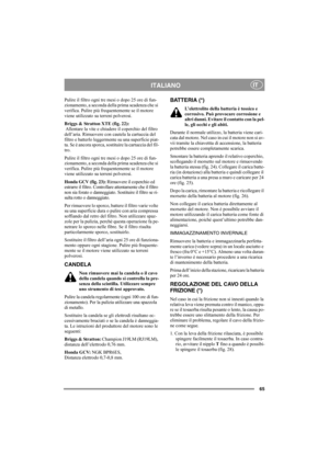 Page 6965
ITALIANOIT
Pulire il filtro ogni tre mesi o dopo 25 ore di fun-
zionamento, a seconda della prima scadenza che si 
verifica. Pulire più frequentemente se il motore 
viene utilizzato su terreni polverosi.
Briggs & Stratton XTE (fig. 22):
 Allentare la vite e chiudere il coperchio del filtro 
dell’aria. Rimuovere con cautela la cartuccia del 
filtro e batterlo leggermente su una superficie piat-
ta. Se è ancora sporca, sostituire la cartuccia del fil-
tro.
Pulire il filtro ogni tre mesi o dopo 25 ore di...