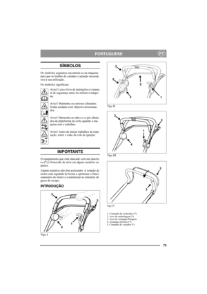 Page 7975
PORTUGUESEPT
SÍMBOLOS
Os símbolos seguintes encontram-se na máquina 
para que se lembre do cuidado e atenção necessá-
rios à sua utilização. 
Os símbolos significam:
Aviso! Leia o livro de instruções e o manu-
al de segurança antes de utilizar a máqui-
na.
Aviso! Mantenha os curiosos afastados. 
Tenha cuidado com objectos arremessa-
dos.
Aviso! Mantenha as mãos e os pés afasta-
dos da plataforma de corte quando a má-
quina está a trabalhar.
Aviso! Antes de iniciar trabalhos de repa-
ração, retire o...