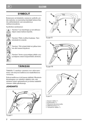 Page 77
SUOMIFI
SYMBOLIT
Koneeseen on kiinnitetty seuraavat symbolit, joi-
den tarkoitus on muistuttaa käyttäjää laitteen käy-
tön edellyttämästä varovaisuudesta ja
tarkkaavaisuudesta.
Symbolien merkitykset:
Varoitus! Lue käyttöopas ja turvallisuus-
ohjeet ennen laitteen käyttöä.
Varoitus! Pidä sivulliset kaukana. Varo
uloslentäviä esineitä.
Varoitus! Älä työnnä kättä tai jalkaa kote-
lonallekoneenkäydessä.
Varoitus! Irrota sytytystulpan johdin syty-
tystulpasta ennen korjaustöiden aloitusta.
TÄRKEÄÄ
Tähdellä...