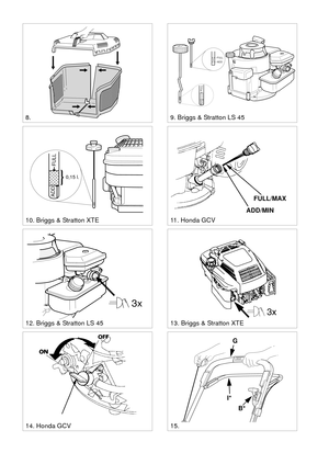 Page 3SVENSKA S
12. Briggs & Stratton LS 45
ADD
FULL
FULL
ADD
8.9. Briggs & Stratton LS 45
10. Briggs & Stratton XTE
13. Briggs & Stratton XTE
11. Honda GCV
14. Honda GCV15.FULL/MAX
ADD/MIN
I*
B* G
3x
0,15 l.
ADD
FULL 