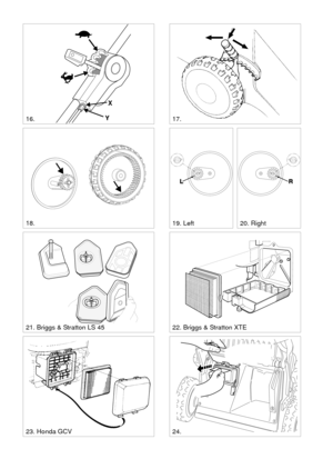Page 4SVENSKAS
YX17.
22. Briggs & Stratton XTE21. Briggs & Stratton LS 45
23. Honda GCV24.
20. Right
16.
19. Left18. 