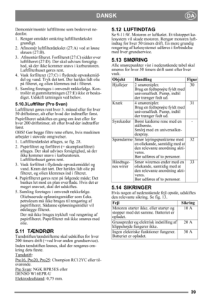 Page 3939
DANSKDA
Demontér/montér luftfiltrene som beskrevet ne-
denfor.
1.  Rengør området omkring luftfilterdækslet grundigt.
2. Afmontér luftfilterdækslet (27:A) ved at løsne  skruen (27:B). 
3.   Afmontér filteret. Forf ilteret (27:C) sidder over 
luftfilteret (27:D). Der skal udvises forsigtig-
hed, så der ikke kommer snavs i karburatoren. 
Luftfilterhuset gøres rent.
4.  Vask forfilteret (27:C) i flydende opvaskemid- del og vand. Tryk det tørt. Der hældes lidt olie 
på filteret, og olien klemmes ind i...