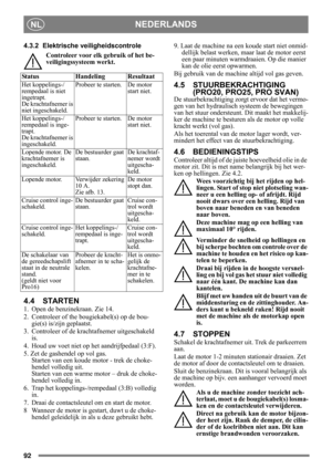 Page 9292
NEDERLANDSNL
4.3.2 Elektrische veiligheidscontroleControleer voor elk gebruik of het be-
veiligingssysteem werkt.
4.4 STARTEN
1.  Open de benzinekraan. Zie 14.
2.  Controleer of the bougiekabel(s) op de bou-gie(s) is/zijn geplaatst.
3.  Controleer of de krachtafnemer uitgeschakeld  is. 
4.  Houd uw voet niet op het aandrijfpedaal (3:F). 
5. Zet de gashendel op vol gas.  Starten van een koude mo tor - trek de choke-
hendel volledig uit. 
Starten van een warme motor – druk de choke-
hendel volledig in....
