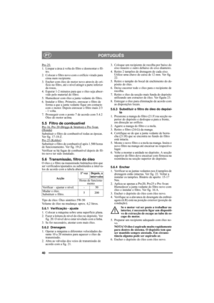 Page 1640
PORTUGUÊSPT
Pro 25:1. Limpar a área à volta do filtro e desmontar o fil-
tro.
2. Colocar o filtro novo com o orifício virado para 
cima num recipiente.
3. Encher com óleo de motor novo através do ori-
fício no filtro, até o nível atingir a parte inferior 
da rosca..
4. Esperar 1-2 minutos para que o óleo seja absor-
vido pelo material do filtro.
5. Humedecer com óleo a junta vedante do filtro.
6. Instalar o filtro. Primeiro, enroscar o filtro de 
forma a que a junta vedante fique em contacto 
com o...