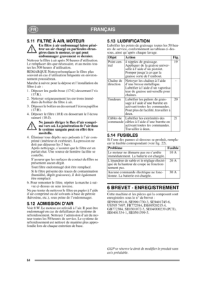 Page 6464
FRANÇAISFR
5.11 FILTRE À AIR, MOTEURUn filtre à air endommagé laisse péné-
trer un air chargé en particules étran-
gères dans le moteur, ce qui peut 
endommager gravement ce dernier.
Nettoyer le filtre à air après 50 heures d’utilisation. 
Le remplacer dès que nécessaire, et au moins tou-
tes les 500 heures d’utilisation.
REMARQUE Nettoyer/remplacer le filtre plus 
souvent en cas d’utilisation fréquente en environ-
nement poussiéreux.
Marche à suivre pour la dépose et l’installation du 
filtre à air...
