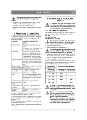 Page 9595
PORTUGUÊSPT
Não rodar a alavanca com as mãos. Ris-
co de ferimentos por esmagamento.
1. Coloque o pé sobre a alavanca (24:J) e, com  cuidado, rode meia volta para a frente.
2. Coloque o pino de bloqueio (23:G).
3. Repita no outro lado o procedimento acima des- crito.
3 ÁREAS DE UTILIZAÇÃO
A máquina só pode ser utilizada para os seguintes 
trabalhos utilizando os acessórios genuínos da 
STIGA indicados.
A carga vertical máxima sobre o dispositivo de re-
boque não pode ser superior a 100 N.
A carga de...