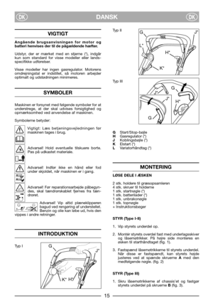 Page 5DANSKDKDK
VIGTIGT
Angående brugsanvisningen for motor og
batteri henvises der til de pågældende hæfter.
Udstyr, der er mærket med en stjerne (*), indgår
kun som standard for visse modeller eller lands-
specifikke udførelser.
Visse modeller har ingen gasregulator. Motorens
omdrejningstal er indstillet, så motoren arbejder
optimalt og udstødningen minimeres.
SYMBOLER
Maskinen er forsynet med følgende symboler for at
understrege, at der skal udvises forsigtighed og
opmærksomhed ved anvendelse af maskinen....