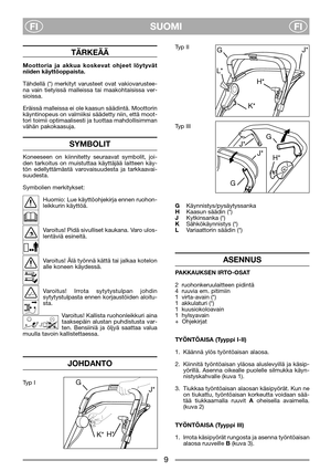 Page 5SUOMI
FIFI
TÄRKEÄÄ
Moottoria ja akkua koskevat ohjeet löytyvät
niiden käyttöoppaista.
Tähdellä (*) merkityt varusteet ovat vakiovarustee-
na vain tietyissä malleissa tai maakohtaisissa ver-
sioissa.
Eräissä malleissa ei ole kaasun säädintä. Moottorin
käyntinopeus on valmiiksi säädetty niin, että moot-
tori toimii optimaalisesti ja tuottaa mahdollisimman
vähän pakokaasuja.
SYMBOLIT
Koneeseen on kiinnitetty seuraavat symbolit, joi-
den tarkoitus on muistuttaa käyttäjää laitteen käy-
tön edellyttämästä...