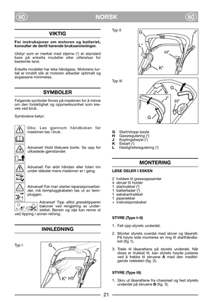 Page 5NORSKNONO
VIKTIG
For instruksjoner om motoren og batteriet,
konsulter de dertil hørende bruksanvisninger.
Utstyr som er merket med stjerne (*) er standard
bare på enkelte modeller eller utførelser for
bestemte land.
Enkelte modeller har ikke håndgass. Motorens tur-
tall er innstilt slik at motoren arbeider optimalt og
avgassene minimeres.
SYMBOLER
Følgende symboler finnes på maskinen for å minne
om den forsiktighet og oppmerksomhet som kre-
ves ved bruk. 
Symbolene betyr:
Obs: Les gjennom håndboken før...