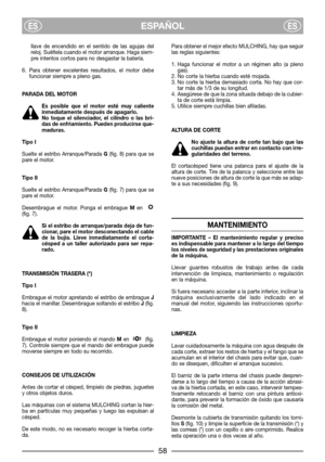 Page 6llave de encendido en el sentido de las agujas del
reloj. Suéltela cuando el motor arranque. Haga siem-
pre intentos cortos para no desgastar la batería.
6. Para obtener excelentes resultados, el motor debe
funcionar siempre a pleno gas.
PARADA DEL MOTOR
Es posible que el motor esté muy caliente
inmediatamente después de apagarlo.
No toque el silenciador, el cilindro o las bri-
das de enfriamiento. Pueden producirse que-
maduras.
Tipo I
Suelte el estribo Arranque/Parada G(fig. 8) para que se
pare el...