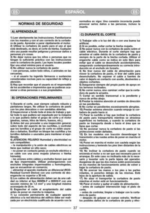 Page 3937
ESPAÑOLESES
NORMAS DE SEGURIDAD
1) Leer atentamente las instrucciones. Familiarizarse
con los mandos y con el uso correcto de la cortado-
ra de pasto. Aprender a parar rápidamente el motor.
2) Utilizar la cortadora de pasto para el uso al que
está destinado, es decir, el corte de hierba. Cualquier
otro uso puede resultar peligroso y provocar daños a
personas y/o cosas.
3) No dejar nunca que los niños o personas que no
tengan la suficiente práctica con las instrucciones
usen la cortadora de pasto. Las...