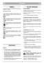 Page 37ITALIANO
ITIT
SIMBOLI
I seguenti simboli sono riportati sulla macchina per
attenzione e cautela.
Significato dei simboli:
Avvertenza! Leggere il libretto istruzioni ed
il manuale di sicurezza prima di utilizzare la
macchina.
Avvertenza! Non lasciare avvicinare nessu-
no durante il lavoro. Fare attenzione alla
proiezione di oggetti.
Avvertenza! Prima di iniziare qualsiasi inter-
vento di riparazione, estrarre la spina dalla
presa.
Avvertenza! Tenere lontana la prolunga dal
gruppo di taglio.
Avvertenza!...