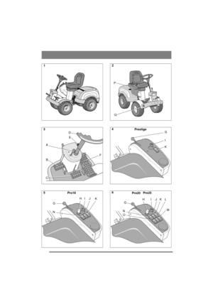 Page 2
A
B
C F
D
E
Pro16
G I
K
HJ
N
P
Q
PrestigeG
I
K
Pro20  Pro25
G HIJK
L
N O
M
1
3 5 2
4 6 