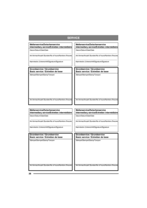 Page 28SERVICE
28
Mellanservice/Zwischenservice
Intermediary service/Entretien intermédiaire
Datum/Datum/Date/Date
Ant timmar/Anzahl Stunden/No of hours/Nombre d’heures
Namnteckn./Unterschrift/Signature/Signature
Grundservice / Grundservice
Basic service / Entretien de base
Stämpel/Stempel/Stamp/Tampon
Ant timmar/Anzahl Stunden/No of hours/Nombre d’heures
Mellanservice/Zwischenservice
Intermediary service/Entretien intermédiaire
Datum/Datum/Date/Date
Ant timmar/Anzahl Stunden/No of hours/Nombre d’heures...