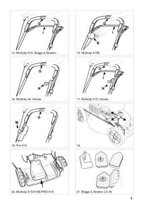 Page 45
SVENSKAS
G
M
STOP
G
N
18. Pro 51S
17. Multiclip 51S, Honda16. Multiclip 48, Honda
STOP
G
I
14. Multiclip 51S, Briggs & Stratton
STOP
I
G
B
15. Multiclip 51SE
21. Briggs & Stratton LS 4520. Multiclip 51S/51SE/PRO 51S
19.
STOP
N
G
I 