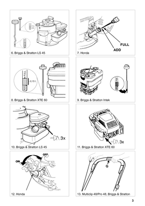 Page 33
SVENSKAS
6. Briggs & Stratton LS 45 7. Honda
8. Briggs & Stratton XTE 60
ADD
FULL
FULL
ADD
0,15 l.
ADD
FULL
9. Briggs & Stratton Intek
10. Briggs & Stratton LS 4511. Briggs & Stratton XTE 60
3x
12. Honda
STOP
G
13. Multiclip 48/Pro 48, Briggs & Stratton
ADDFULL 