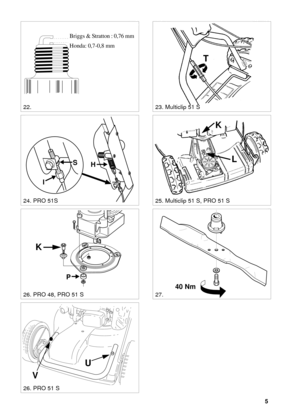 Page 55
SVENSKAS
40 Nm
HS
I
23. Multiclip 51 S
25. Multiclip 51 S, PRO 51 S
22.
0,75 mmBriggs & Stratton : 0,76 mm
Honda: 0,7-0,8 mm
24. PRO 51S
27.26. PRO 48, PRO 51 S
T
L K
P
K
26. PRO 51 S
U
V 
