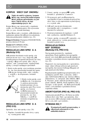 Page 1010
POLSKIPL
KORPUS WIECY ZAP	ONOWEJ
Nigdy nie naleVy wyjmowa, korpusu
Kwiecy zap
onowej lub kabla korpusu
Kwiecy podczas sprawdzania, czy jest
iskra. NaleVyuVywa, do tego
odpowiedniego przyrz du.
Korpus Kwiecy zap
onowej nale y regularnie
czyKci, (co 100 godzin pracy). Do czyszczenia
nale y u ywa, szczotki drucianej.
Korpus Kwiecy nale y wymieni, , jeKli elektrody s+
nadmiernie spalone lub jeKli jest on uszkodzony.
Zalecenia producentów silników (rys. 22):
Briggs & Stratton:Champion J19LM (RJ19LM),...
