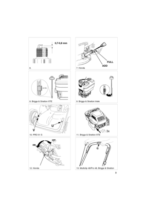 Page 33
SVENSKAS
0,7-0,8 mm
6. 7. Honda
8. Briggs & Stratton XTE
0,15 l.
ADD
FULL
9. Briggs & Stratton Intek
10. PRO 51 S11. Briggs & Stratton XTE
12. Honda
STOP
G
13. Multiclip 48/Pro 48, Briggs & Stratton
ADDFULL
U
V 