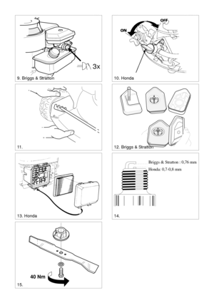 Page 3SVENSKAS
3x
9. Briggs & Stratton10. Honda
11 .12. Briggs & Stratton
13. Honda
0,75 mm
14.
Briggs & Stratton : 0,76 mm
Honda: 0,7-0,8 mm
15.
40 Nm 