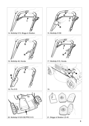 Page 45
SVENSKAS
G
M
STOP
G
N
18. Pro 51S
17. Multiclip 51S, Honda16. Multiclip 48, Honda
STOP
G
I
14. Multiclip 51S, Briggs & Stratton
STOP
I
G
B
15. Multiclip 51SE
21. Briggs & Stratton LS 4520. Multiclip 51S/51SE/PRO 51S
19.
STOP
N
G
I 