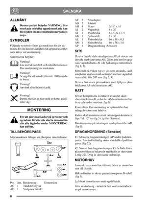 Page 56
SVENSKASE
ALLMÄNT
Denna symbol betyder VARNING. Per-
sonskada och/eller egendomsskada kan
bli följden om inte instruktionerna följs
noga.
SYMBOLER
Följande symboler finns på maskinen för att på-
minna Er om den försiktighet och uppmärksamhet
som krävs vid användning.
Symbolerna betyder:
Varning!
Läs instruktionsbok och säkerhetsmanual
före användning av maskinen.
Varning!
Se upp för utkastade föremål. Håll åskåda-
re borta.
Varning!
Använd alltid hörselskydd.
Varning!
Denna maskin är ej avsedd att...