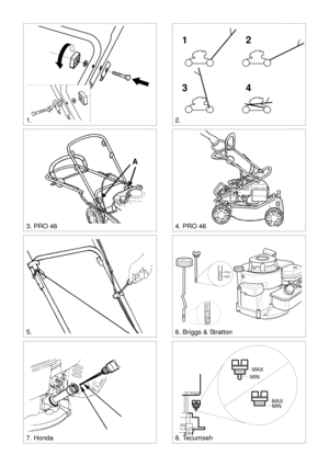 Page 2SVENSKAS
ADD
FULL
FULL
ADD
MAX
MIN
MAX
MIN
12
34
2.
8. Tecumseh7. Honda
6. Briggs & Stratton5.
3. PRO 464. PRO 46
A
1. 