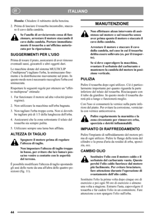 Page 4444
ITALIANOIT
Honda: Chiudere il rubinetto della benzina.
2. Prima di lasciare il tosaerba incustodito, stacca-
re il cavo dalla candela.
Se lanello di avvio/arresto cessa di fun-
zionare, arrestare il motore staccando il 
cavo dalla candela. Portare immediata-
mente il tosaerba a unofficina autoriz-
zata per la riparazione.
SUGGERIMENTI PER LUSO
Prima di tosare il prato, assicurarsi di aver rimosso 
eventuali sassi, giocattoli e altri oggetti duri.
Le macchine dotate del sistema MULTICLIP 
(multipresa)...