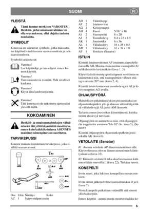 Page 55
SUOMIFI
YLEISTÄ
Tämä tunnus merkitsee VAROITUS.
Henkilö- ja/tai omaisuusvahinko voi
olla seurauksena, ellei ohjeita tarkoin
noudateta.
SYMBOLIT
Koneessa on seuraavat symbolit, jotka muistutta-
vat käytössä vaadittavasta varovaisuudesta ja tark-
kaavaisuudesta.
Symbolit tarkoittavat:
Varoitus!
Lue käyttöohje ja turvaohjeet ennen ko-
neen käyttöä.
Varoitus!
Varo sinkoutuvia esineitä. Pidä sivulliset
kaukana.
Varoitus!
Käytä aina kuulosuojaimia.
Varoitus!
Tätä konetta ei ole tarkoitettu ajettavaksi...