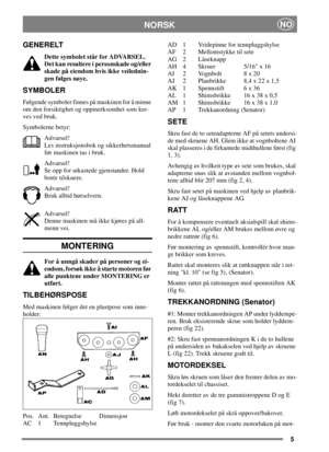 Page 55
NORSKNO
GENERELT
Dette symbolet står for ADVARSEL.
Det kan resultere i personskade og/eller
skade på eiendom hvis ikke veilednin-
gen følges nøye.
SYMBOLER
Følgende symboler finnes på maskinen for å minne
om den forsiktighet og oppmerksomhet som kre-
ves ved bruk.
Symbolerne betyr:
Advarsel!
Les instruksjonsbok og sikkerhetsmanual
før maskinen tas i bruk.
Advarsel!
Se opp for utkastede gjenstander. Hold
borte tilskuere.
Advarsel!
Bruk alltid hørselvern.
Advarsel!
Denne maskinen må ikke kjøres på all-...