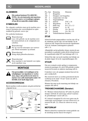 Page 56
NEDERLANDSNL
ALGEMEEN
Dit symbool betekent WAARSCHU-
WING. Als u de instructies niet nauwkeu-
rig volgt, kunt u verwondingen oplopen
of kan dit tot materiële schade leiden.
SYMBOLEN
De volgende symbolen staan op de machine om u
eraan te herinnern dat voorzichtigheid en oplet-
tendheid bij gebruik vereist zijn.
De symbolen betekenen:
Waarschuwing!
Lees vóór gebruik van de machine eerst
het instructieboek en de veiligheidsvoor-
schriften.
Waarschuwing!
Pas op voor het uitwerpen van voorwer-
pen. Houd...