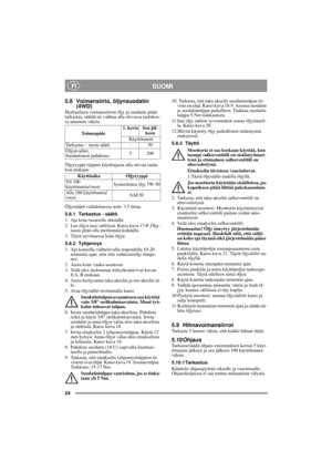 Page 1424
SUOMI FI
5.8 Voimansiirto, öljynsuodatin 
(4WD)
Hydraulisen voimansiirron öljy ja suodatin pitää 
tarkastaa, säätää tai vaihtaa alla olevassa taulukos-
sa annetuin välein.
Öljytyyppi riippuu käyttöajasta alla olevan taulu-
kon mukaan:
Öljymäärä vaihdettaessa noin  3,5 litraa.
5.8.1 Tarkastus - säätö
1. Aja kone tasaiselle alustalle.
2. Lue öljyn taso säiliössä. Katso kuva 17:P. Öljy-
tason pitää olla merkinnän kohdalla. 
3. Täytä tarvittaessa lisää öljyä.
5.8.2 Tyhjennys
1. Aja koneella vaihtelevalla...